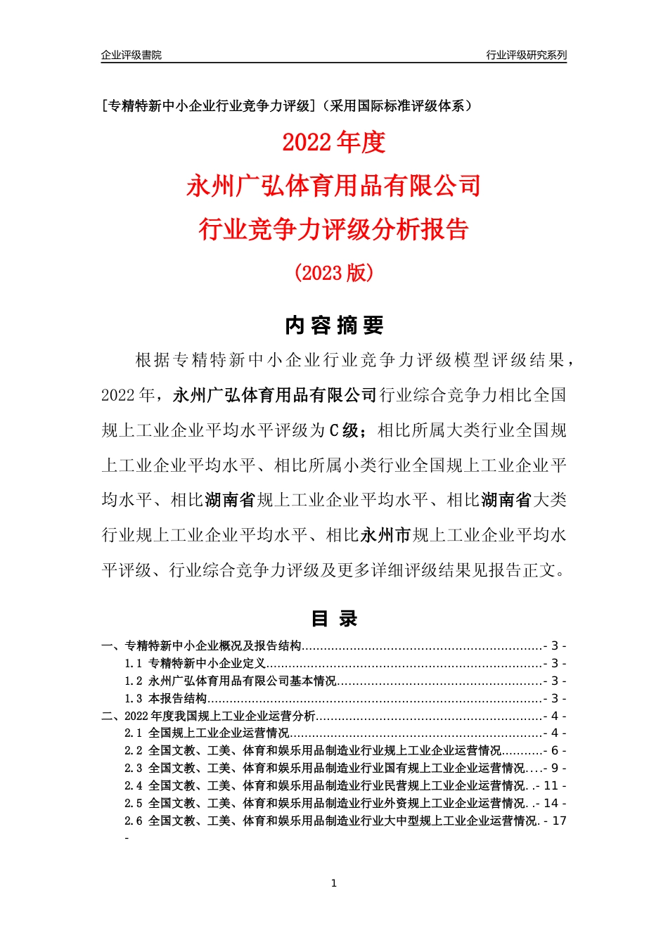 [专精特新]永州广弘体育用品有限公司行业竞争力评级分析报告(2023版)_第1页