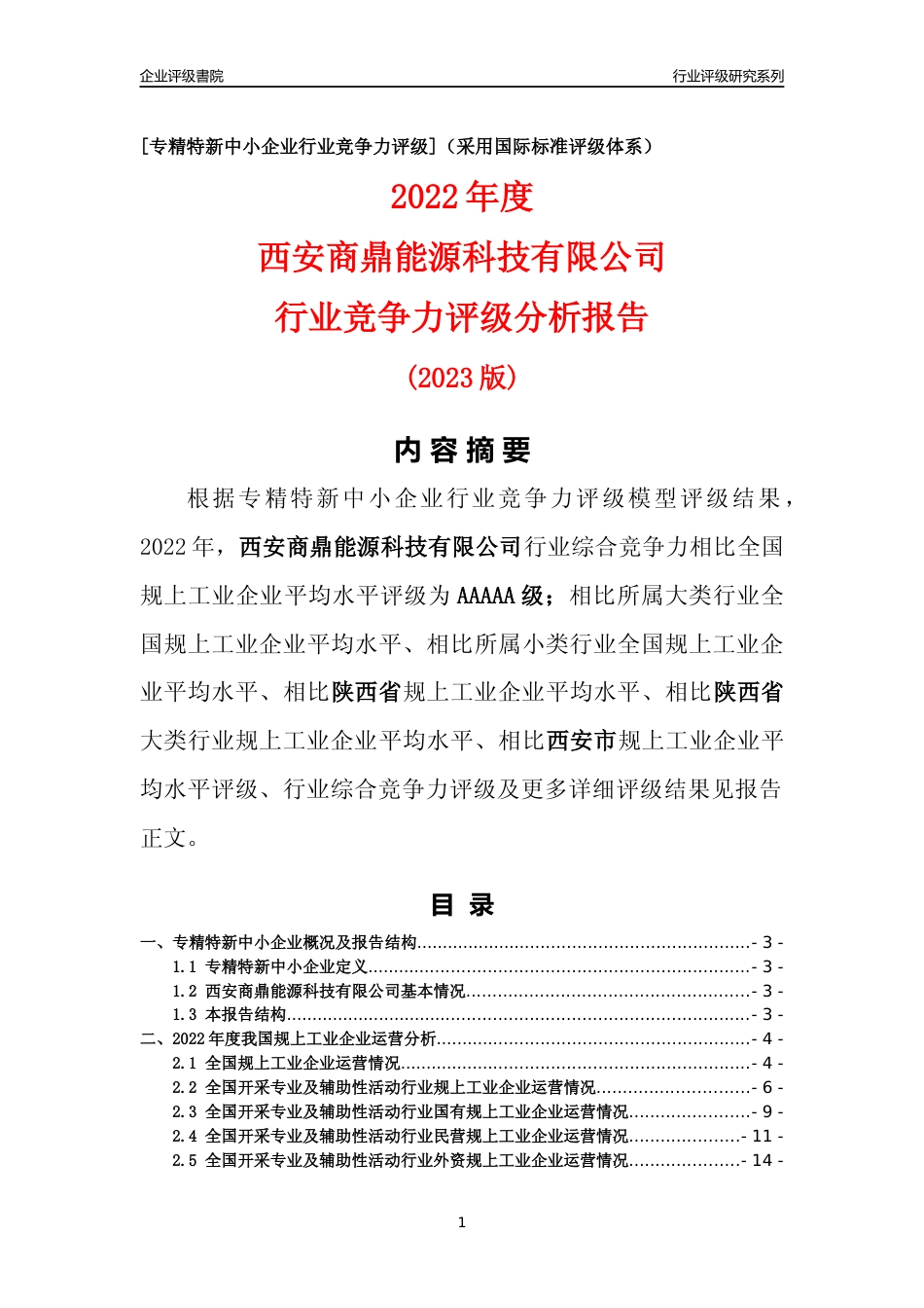 [专精特新]西安商鼎能源科技有限公司行业竞争力评级分析报告(2023版)_第1页