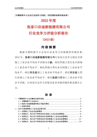 [专精特新]张家口启迪新能源有限公司行业竞争力评级分析报告(2023版)