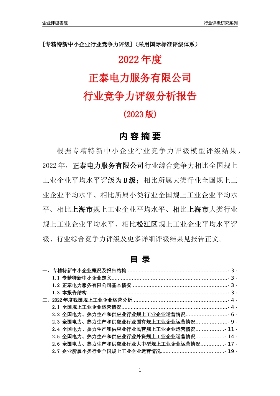[专精特新]正泰电力服务有限公司行业竞争力评级分析报告(2023版)_第1页