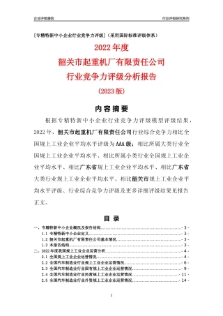 [专精特新]韶关市起重机厂有限责任公司行业竞争力评级分析报告(2023版)