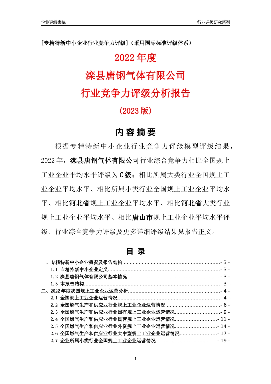 [专精特新]滦县唐钢气体有限公司行业竞争力评级分析报告(2023版)_第1页