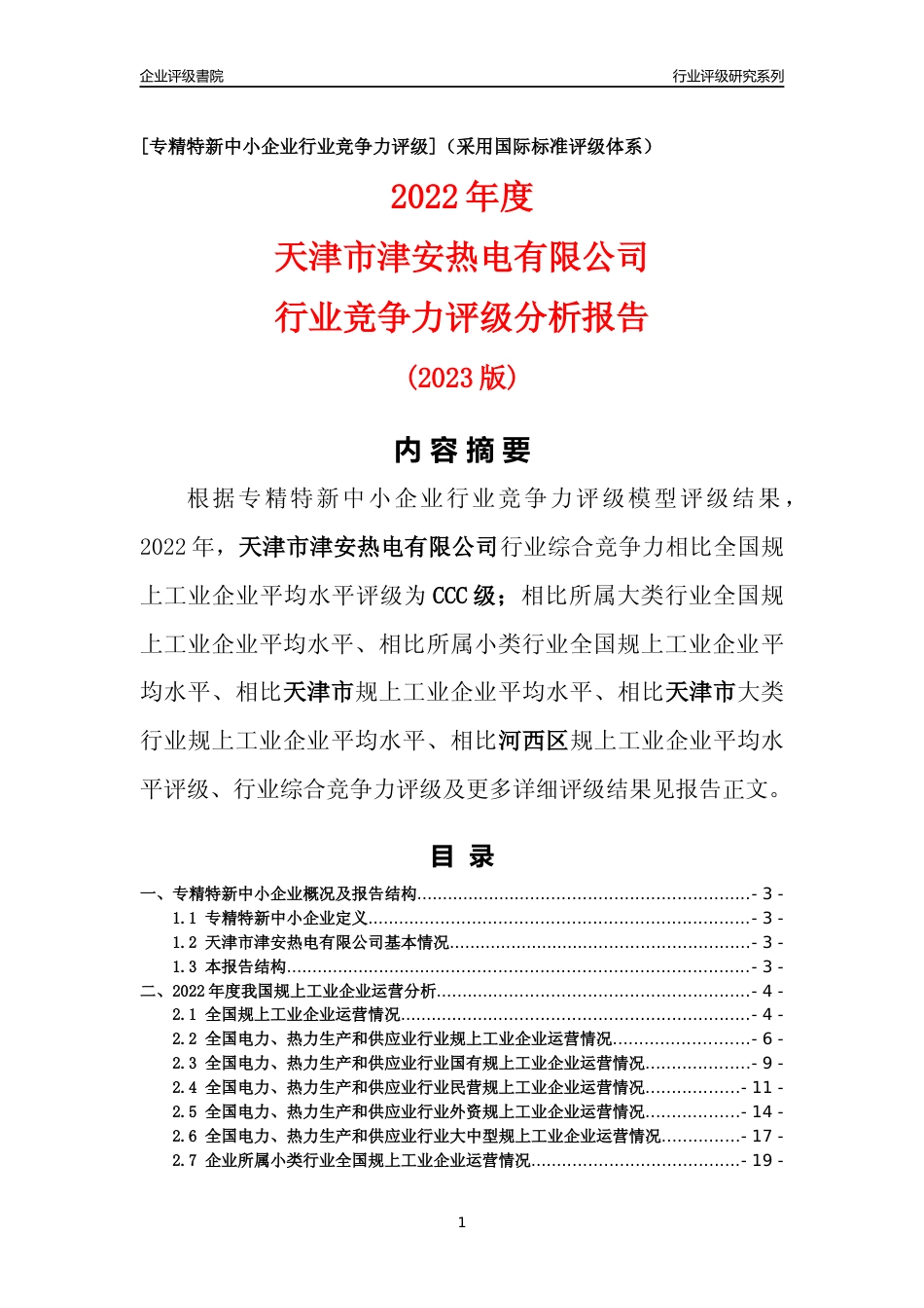 [专精特新]天津市津安热电有限公司行业竞争力评级分析报告(2023版)_第1页