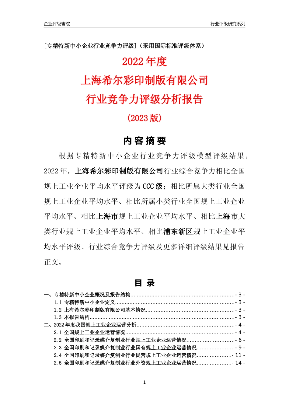 [专精特新]上海希尔彩印制版有限公司行业竞争力评级分析报告(2023版)_第1页