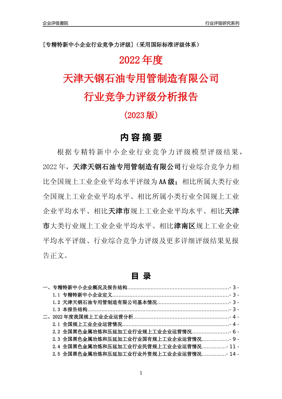 [专精特新]天津天钢石油专用管制造有限公司行业竞争力评级分析报告(2023版)_第1页