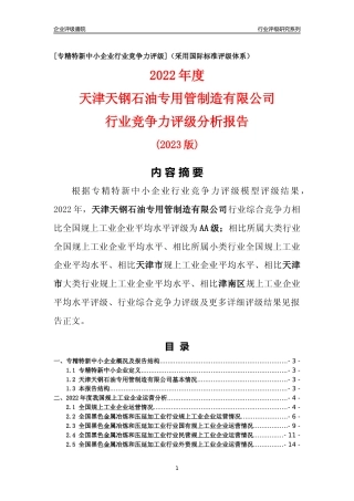 [专精特新]天津天钢石油专用管制造有限公司行业竞争力评级分析报告(2023版)