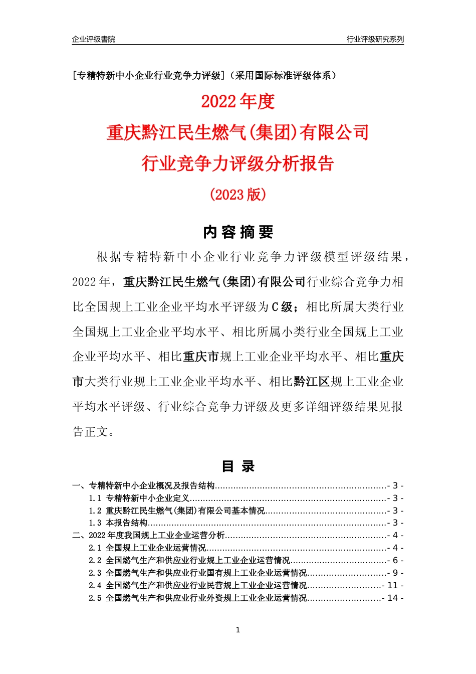 [专精特新]重庆黔江民生燃气(集团)有限公司行业竞争力评级分析报告(2023版)_第1页
