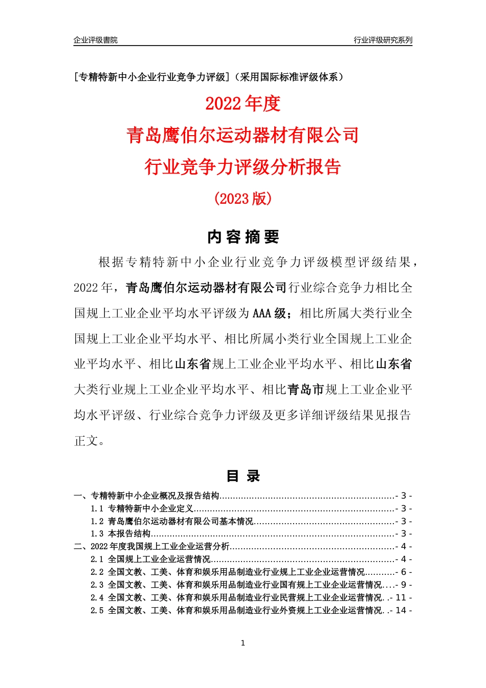 [专精特新]青岛鹰伯尔运动器材有限公司行业竞争力评级分析报告(2023版)_第1页