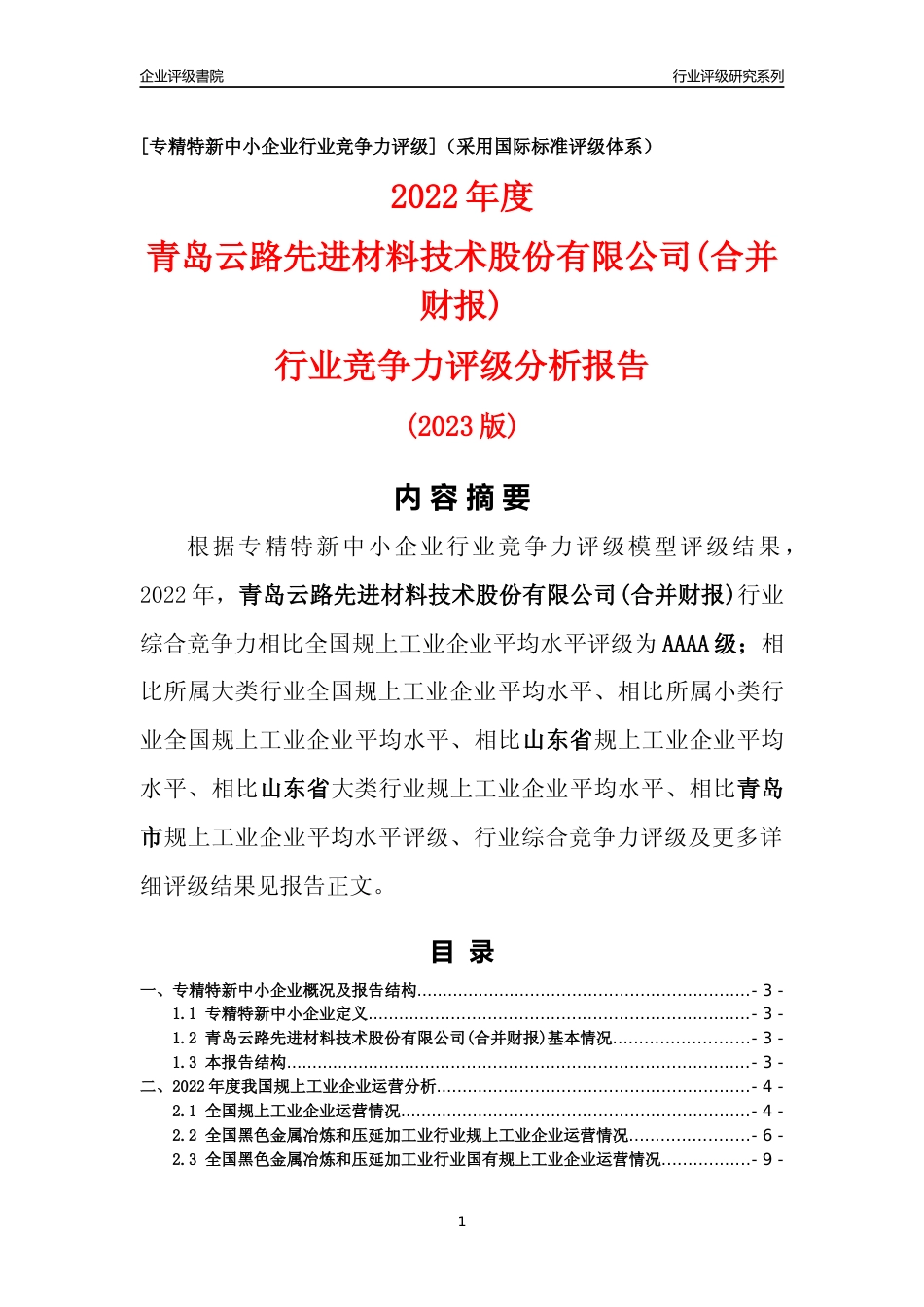 [专精特新]青岛云路先进材料技术股份有限公司(合并财报)行业竞争力评级分析报告(2023版)_第1页