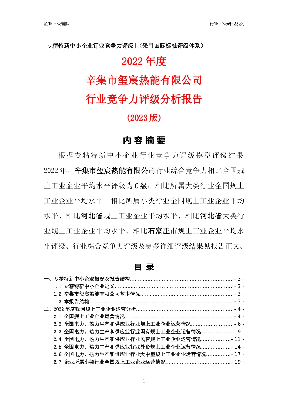 [专精特新]辛集市玺宸热能有限公司行业竞争力评级分析报告(2023版)_第1页