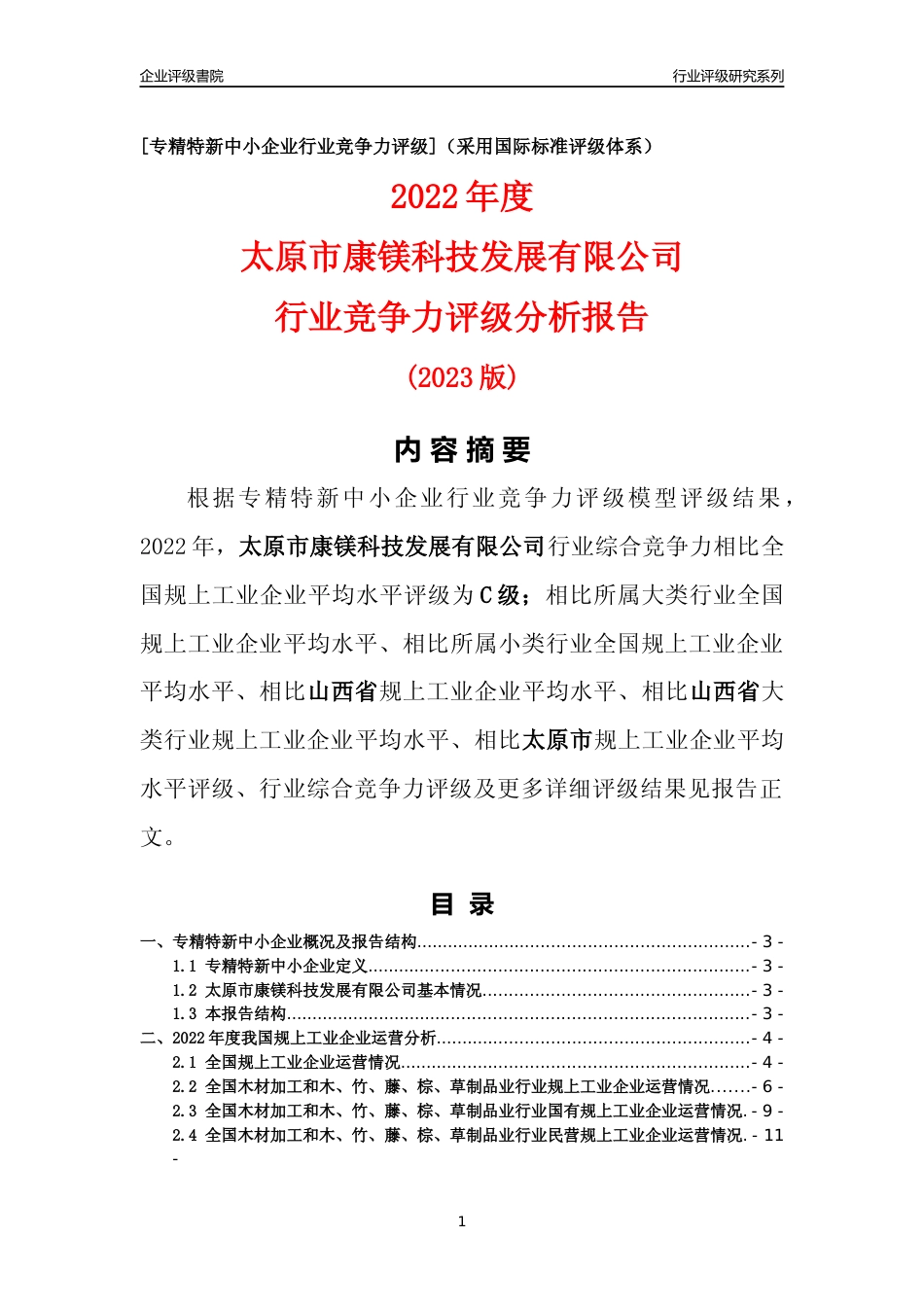 [专精特新]太原市康镁科技发展有限公司行业竞争力评级分析报告(2023版)_第1页