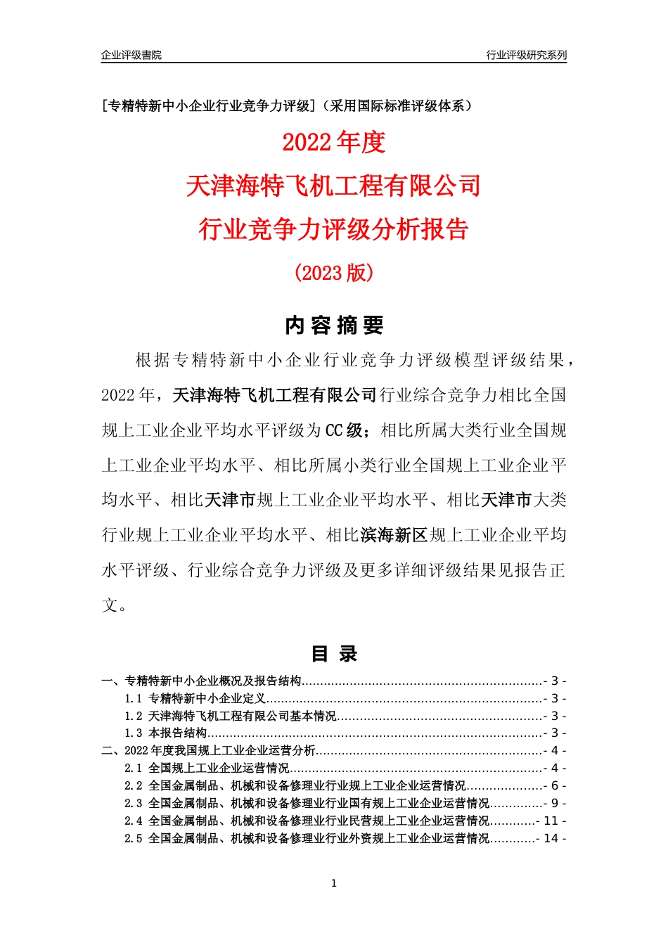 [专精特新]天津海特飞机工程有限公司行业竞争力评级分析报告(2023版)_第1页