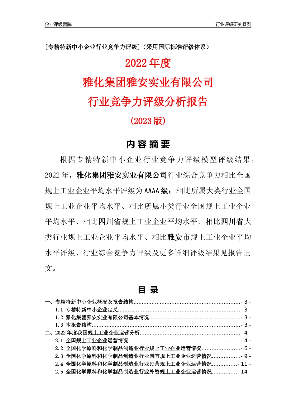 [专精特新]雅化集团雅安实业有限公司行业竞争力评级分析报告(2023版)_第1页