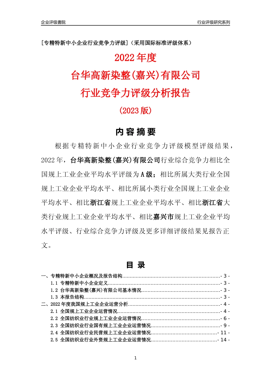 [专精特新]台华高新染整(嘉兴)有限公司行业竞争力评级分析报告(2023版)_第1页