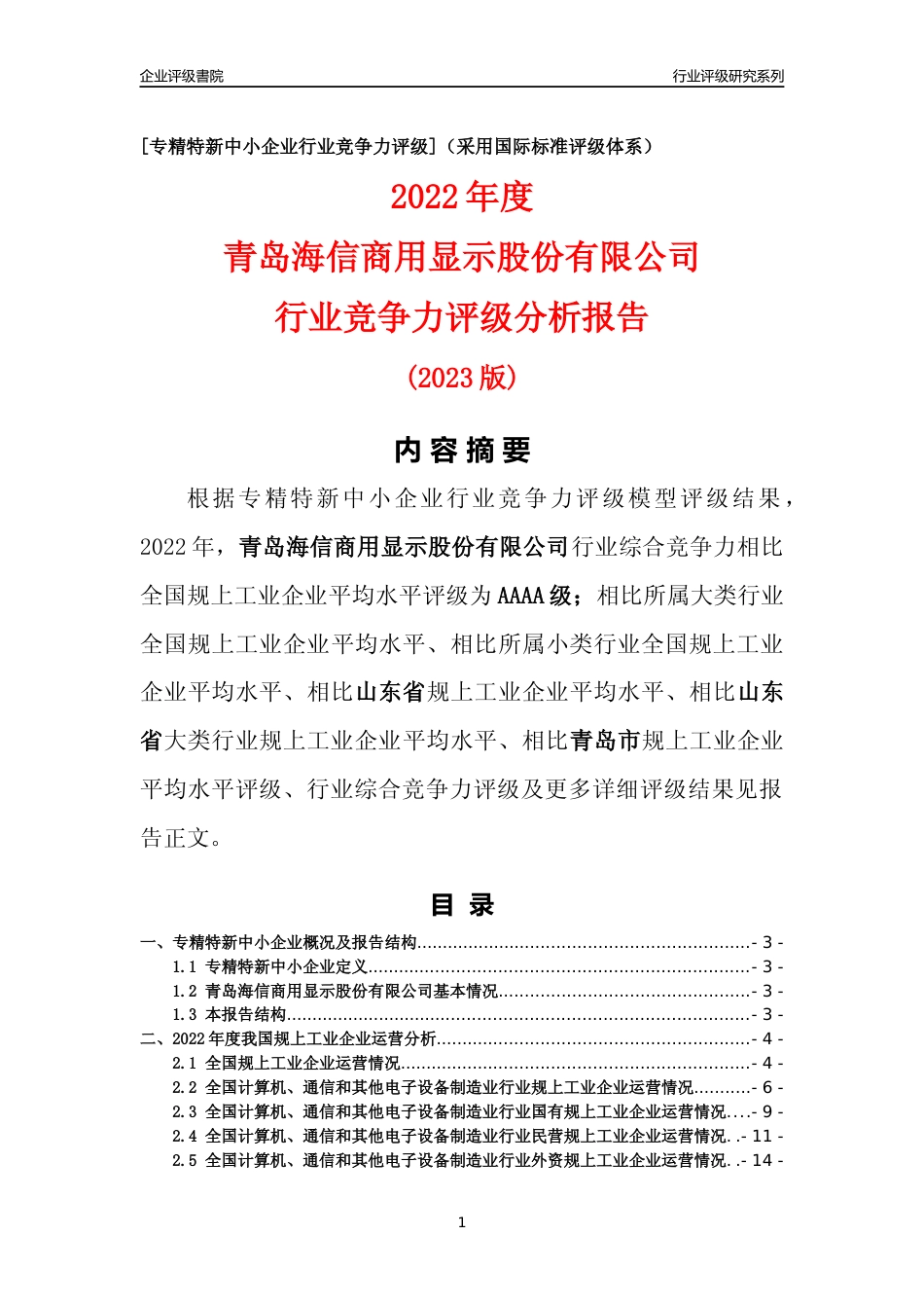 [专精特新]青岛海信商用显示股份有限公司行业竞争力评级分析报告(2023版)_第1页