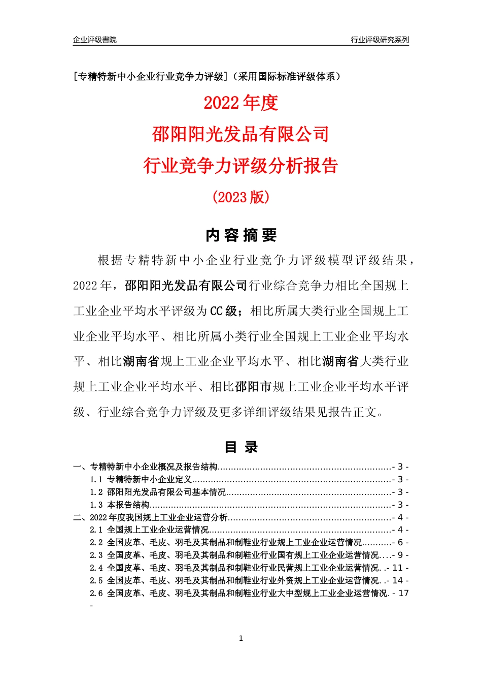 [专精特新]邵阳阳光发品有限公司行业竞争力评级分析报告(2023版)_第1页