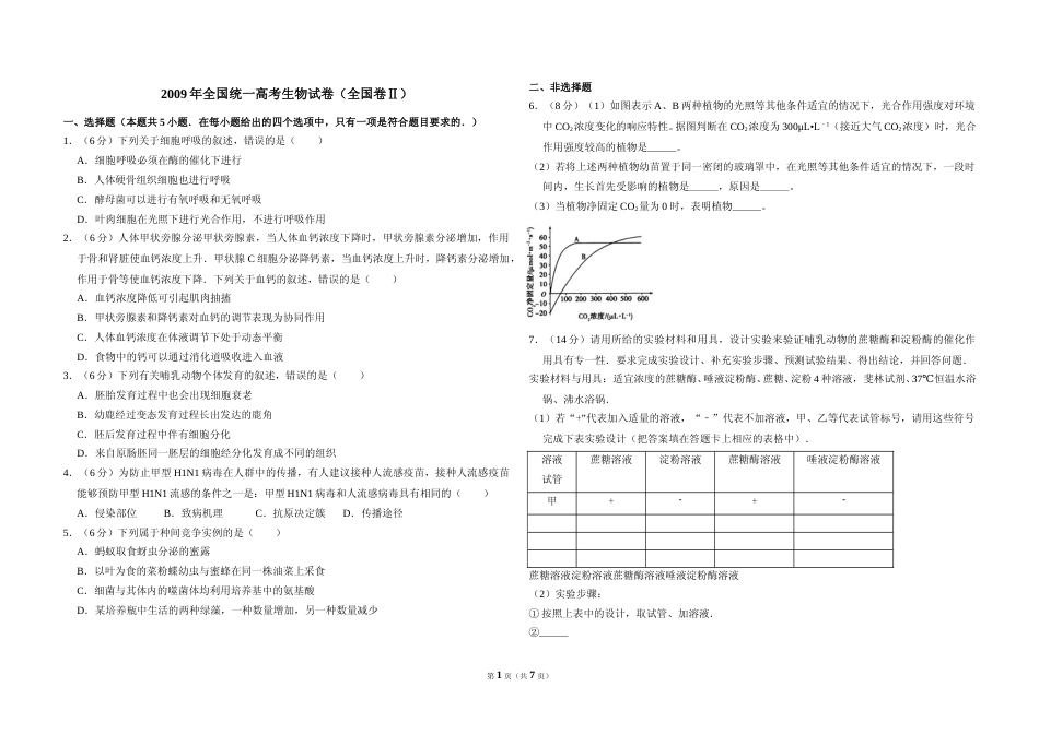[高考真题]2009年全国统一高考生物试卷(卷II)答案解析_第1页