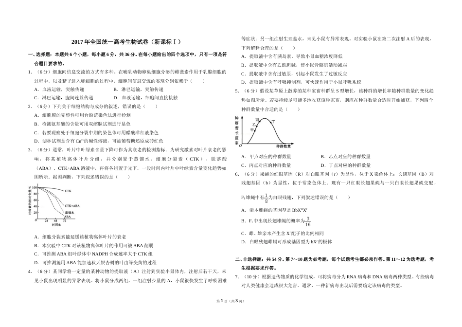 [高考真题]2017年高考真题 生物(山东卷)真题_第1页