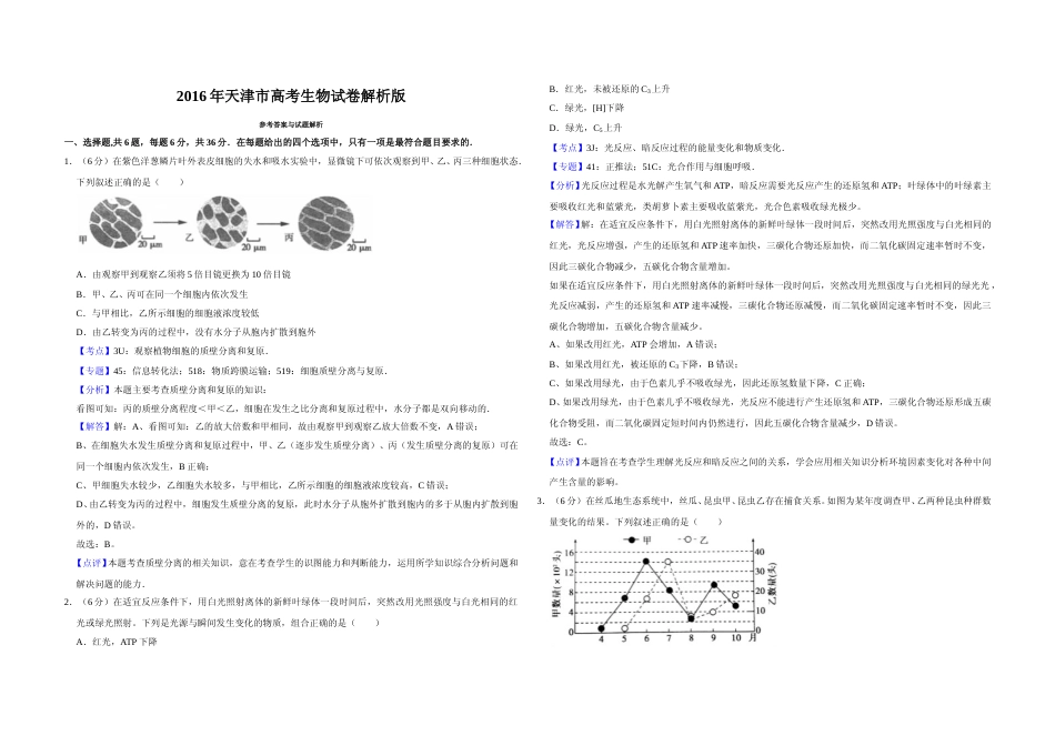 [高考真题]2016年天津市高考生物试卷解析版 _第1页