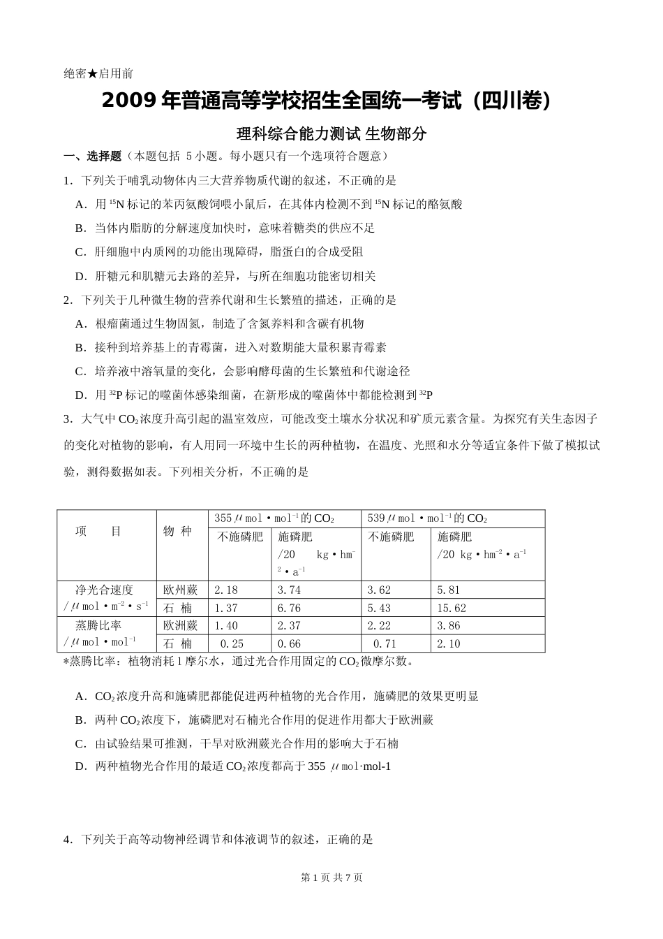 [高考真题]2009年四川省高考生物试卷及答案_第1页