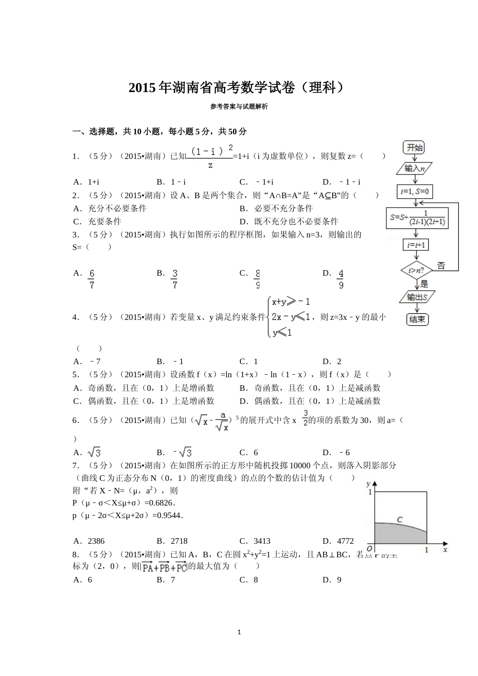 [高考真题]2015年湖南高考理科数学试题及答案_第1页