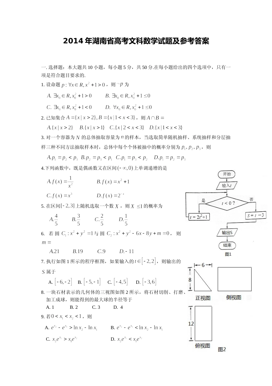 [高考真题]2014年湖南高考文科数学试题及答案_第1页