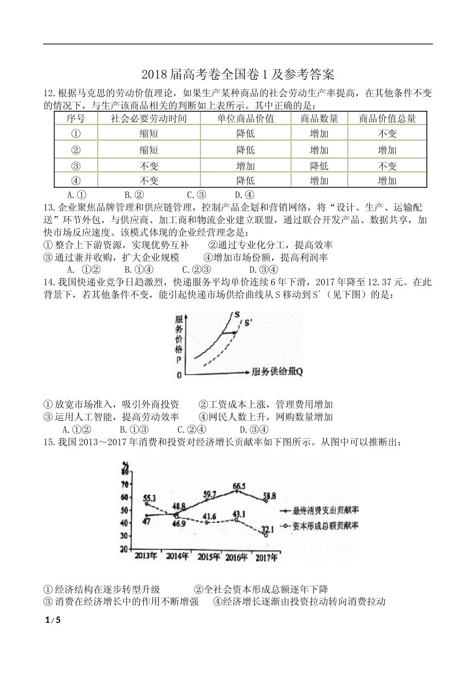 [高考真题]2018政治高考全国卷1及参考答案_第1页