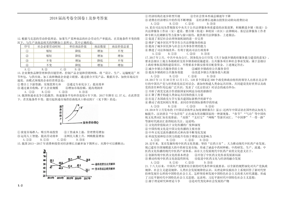 [高考真题]2018年高考真题政治(山东卷)真题及解析_第1页