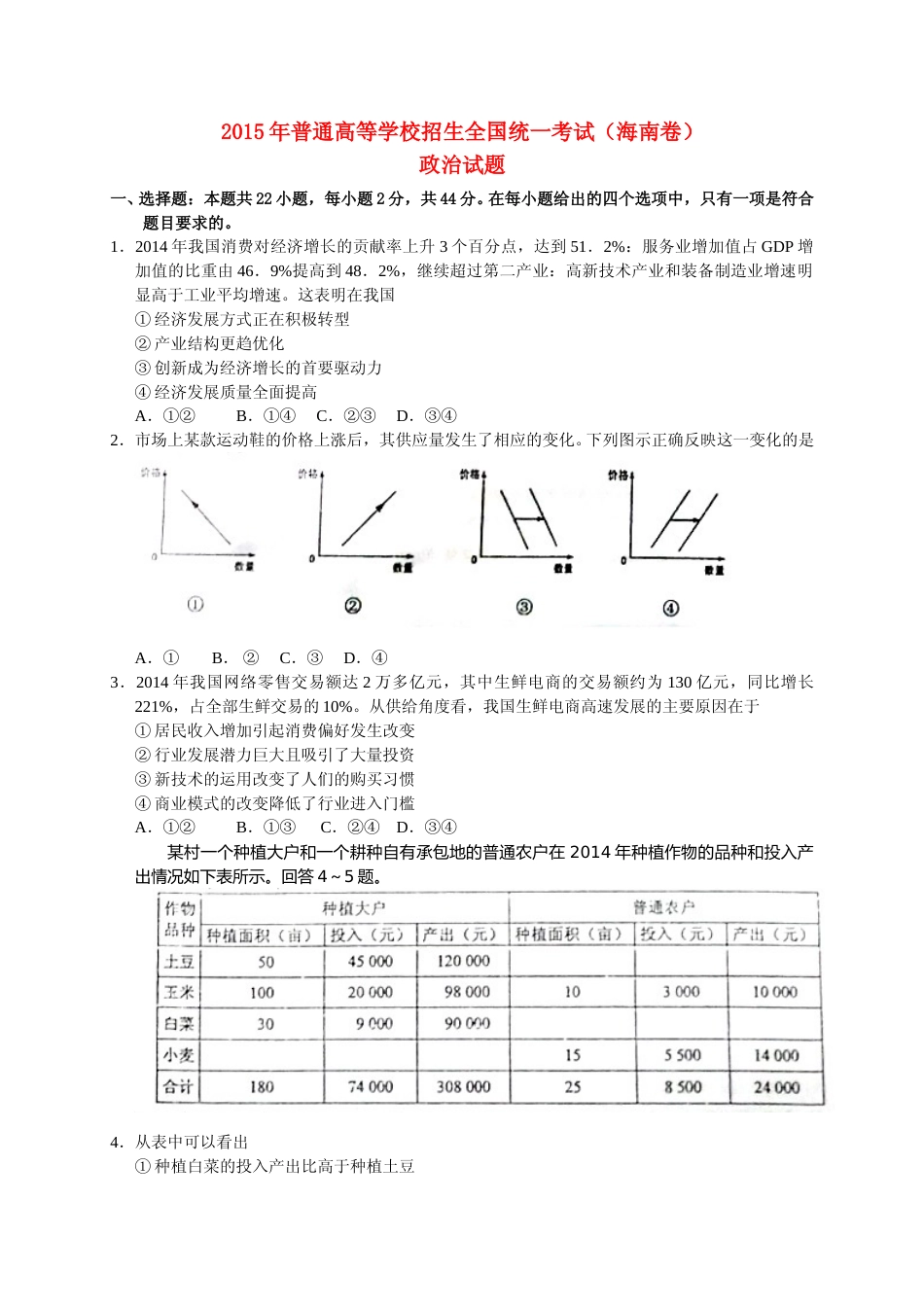 [高考真题]2015年海南省高考政治真题_第1页