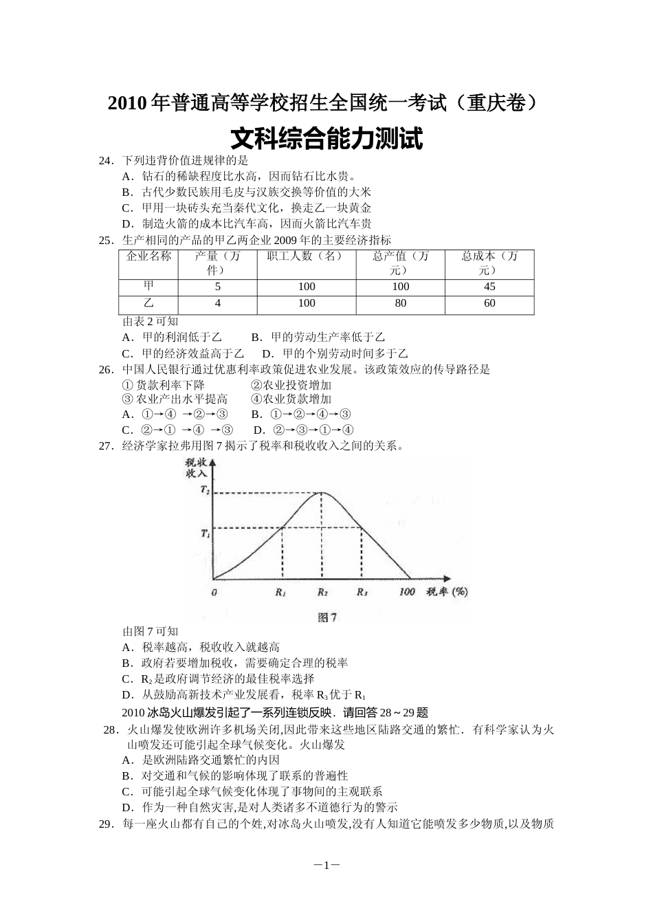 [高考真题]2010年高考文综(重庆卷)政治试题及答案_第1页