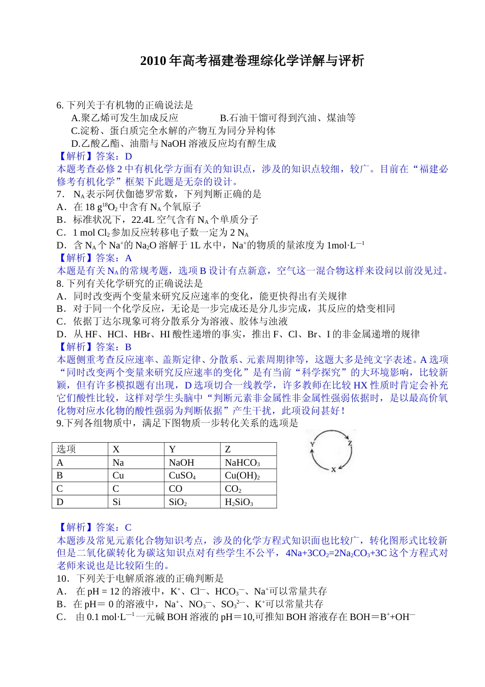 [高考真题]2010年福建高考化学试卷及答案_第1页