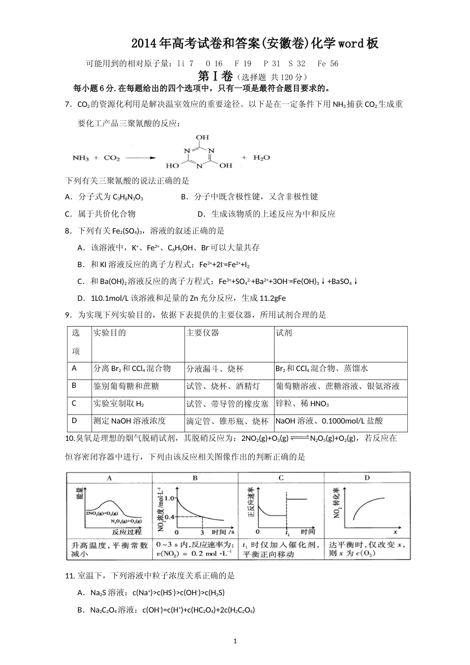 [高考真题]2014年安徽高考化学试卷及答案_第1页