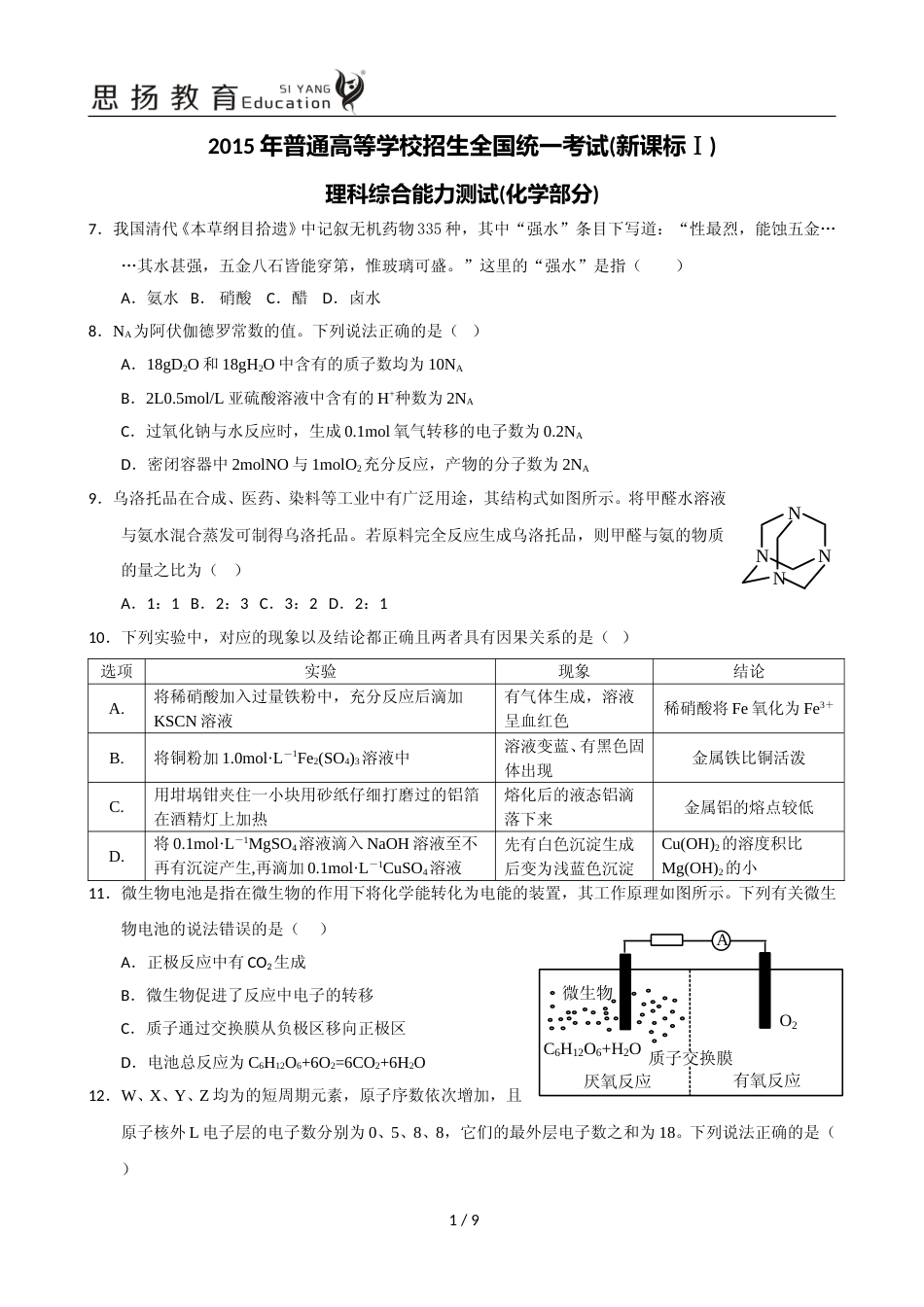 [高考真题]2015年普通高等学校招生全国统一考试湖南化学真题答案_第1页