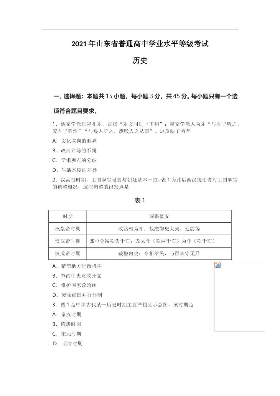 [高考真题]2021年高考真题历史(山东卷)真题_第1页