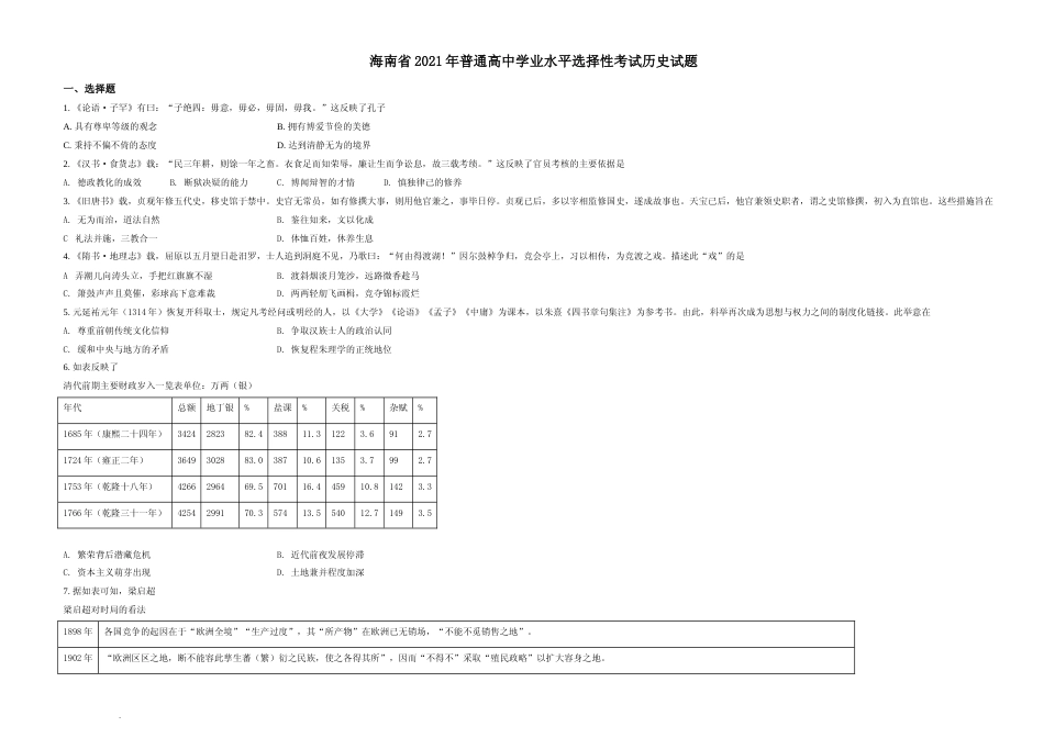 [高考真题]2021年新高考海南历史高考真题_第1页