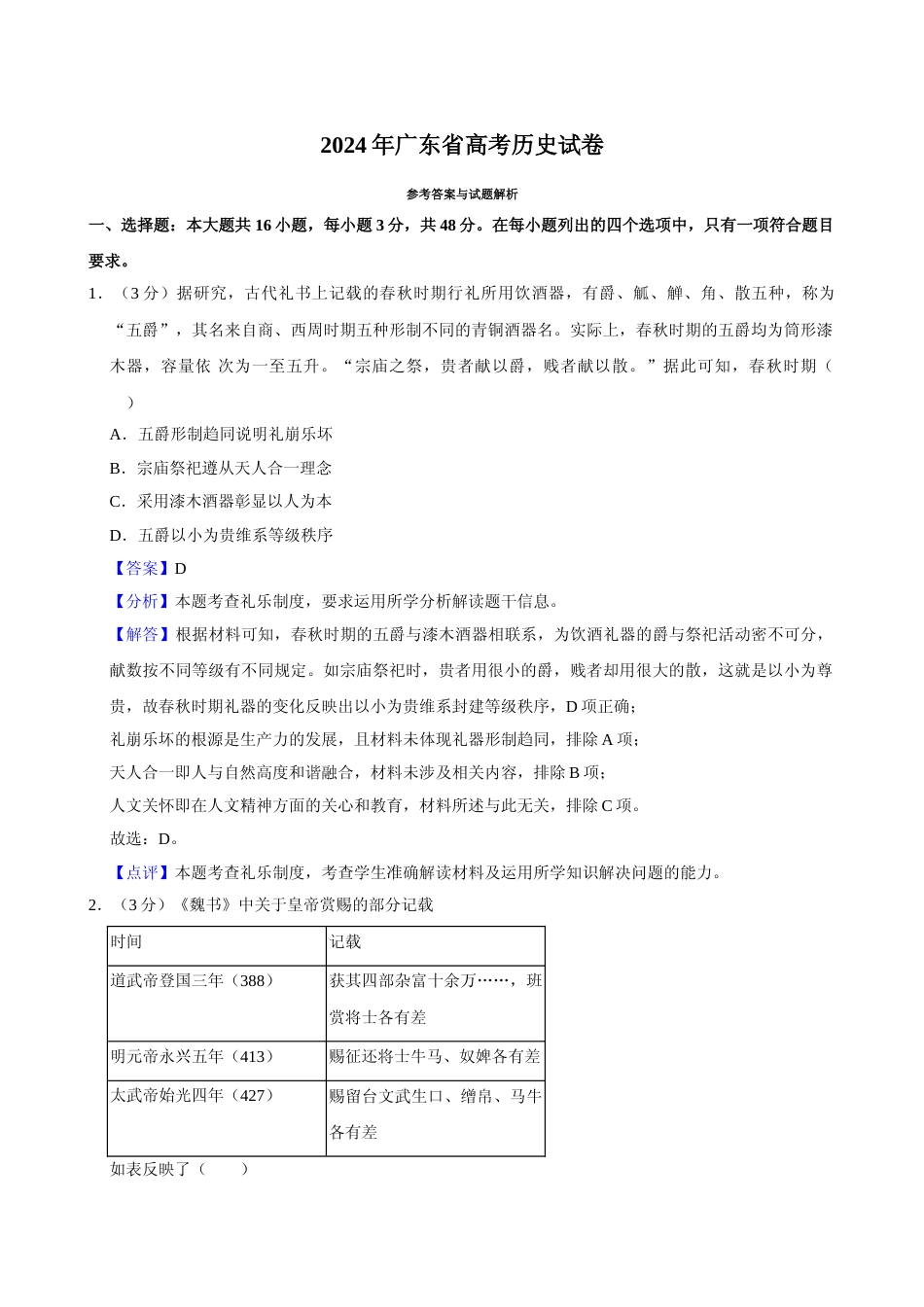 [高考真题]2024年高考历史真题(广东自主命题)真题解析_第1页