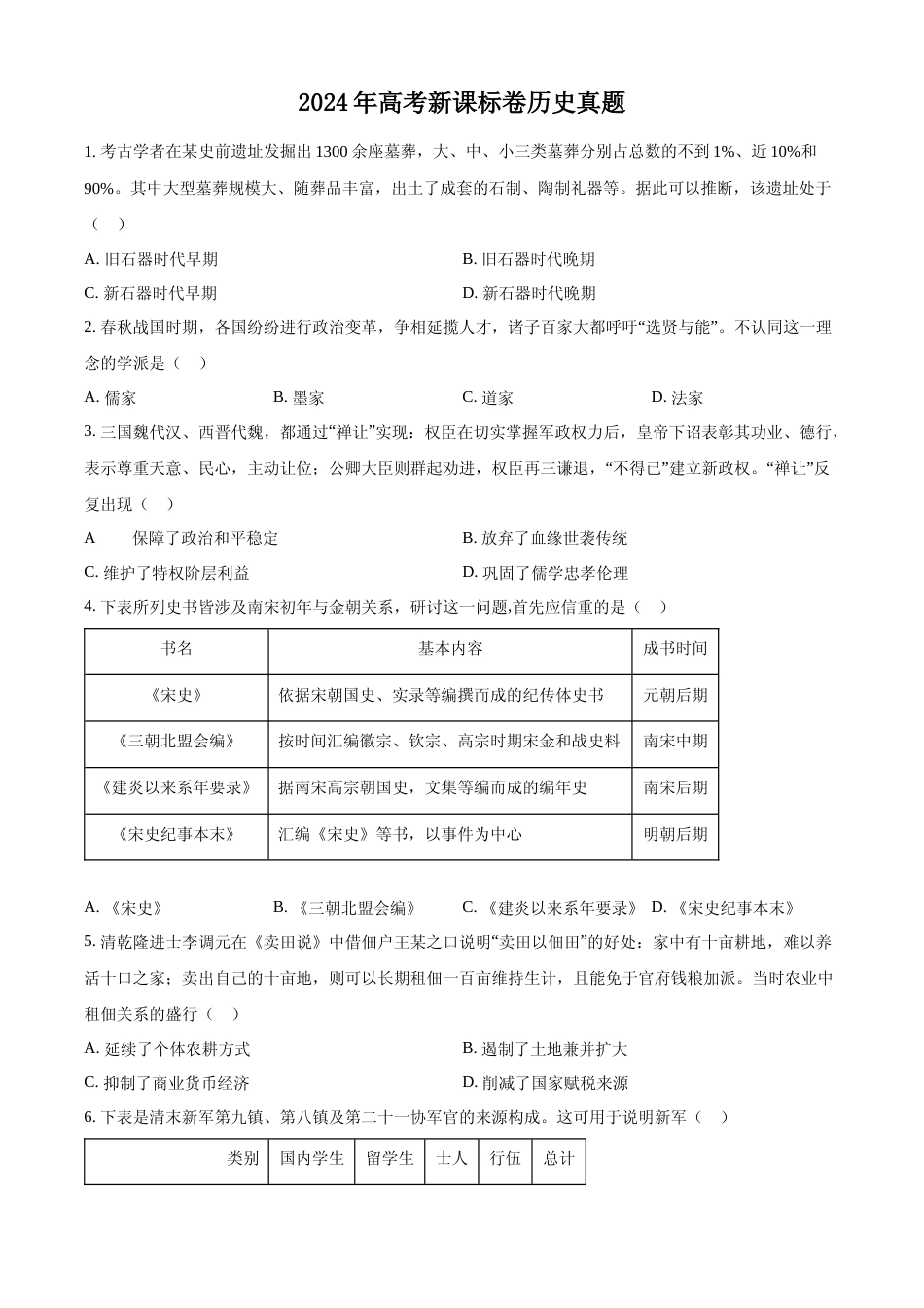 [高考真题]2024年高考历史真题(新课标)真题_第1页