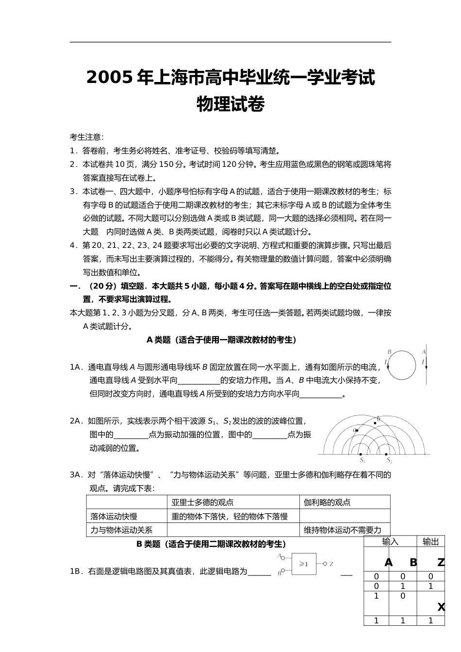 [高考真题]2005年上海市高中毕业统一学业考试物理试卷真题答案_第1页