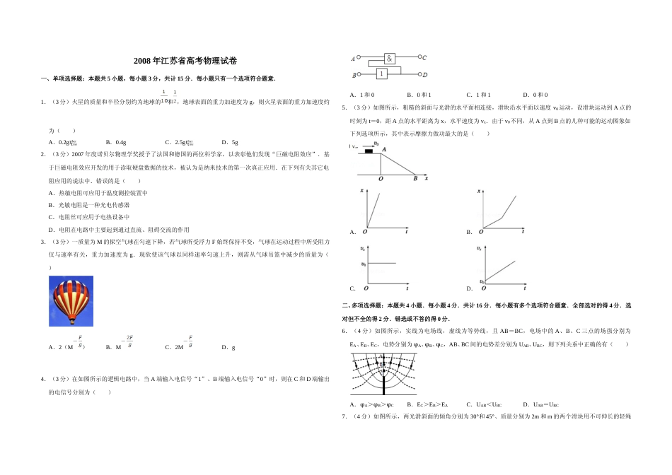 [高考真题]2008年江苏省高考物理试卷   _第1页