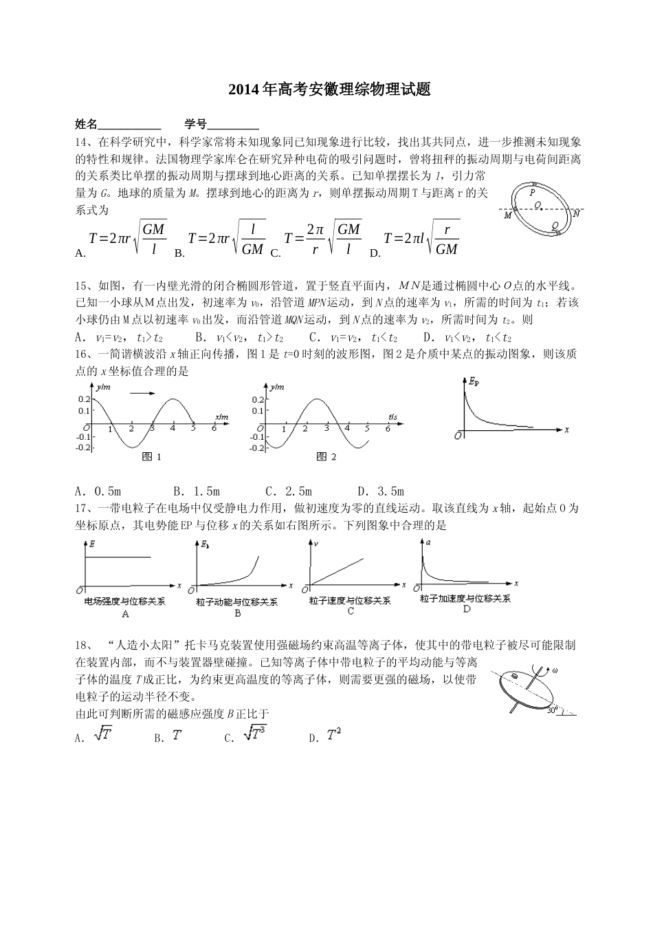 [高考真题]2014高考安徽物理试卷及答案_第1页