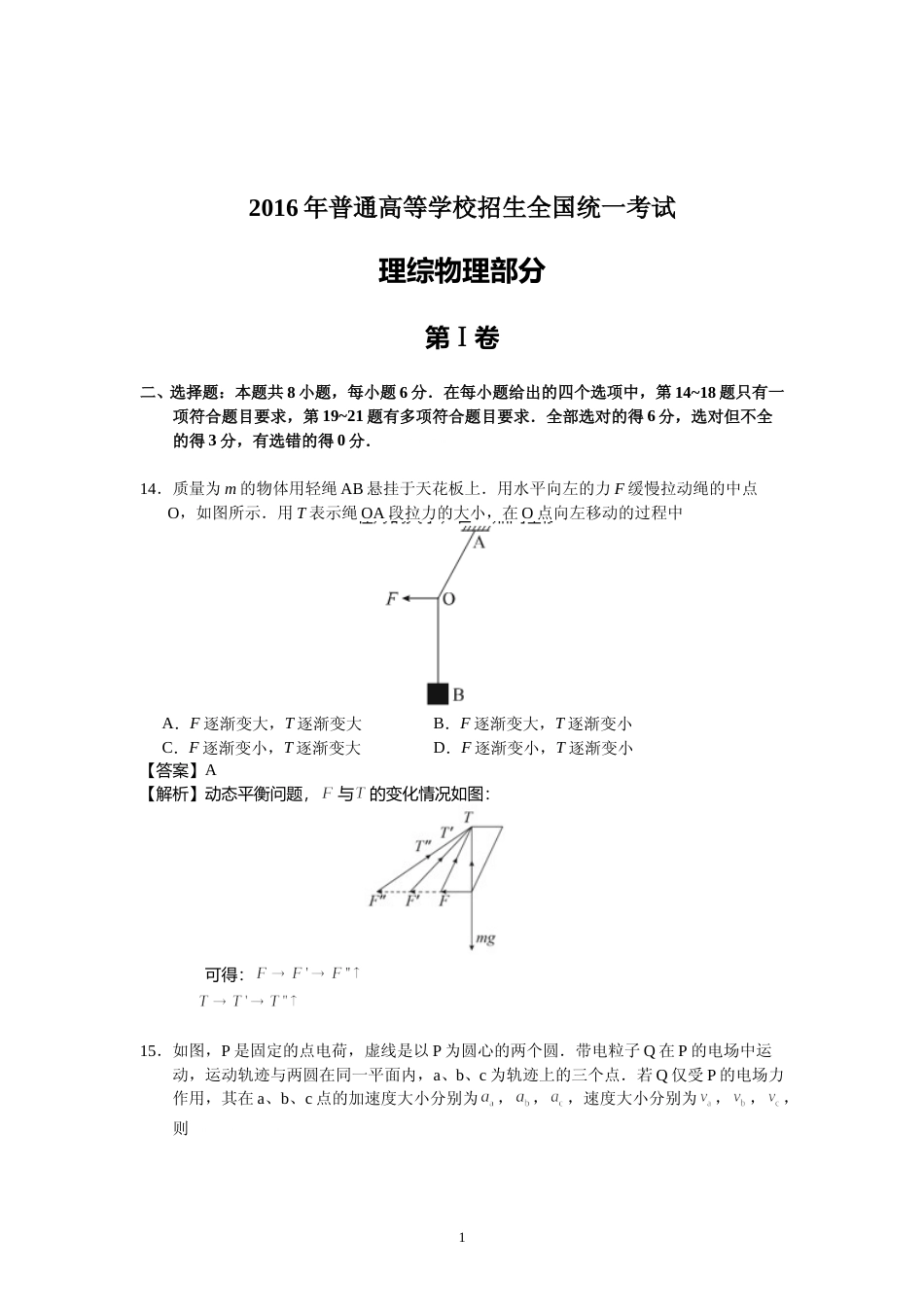 [高考真题]2016年高考贵州理综物理试题真题答案_第1页