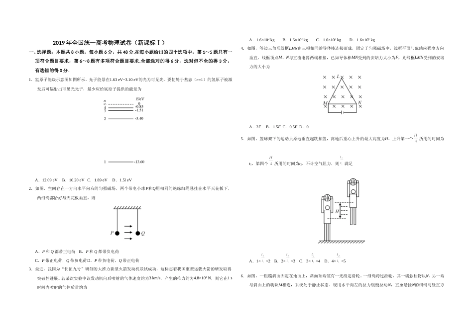 [高考真题]2019年全国统一高考物理试卷(新课标ⅰ)真题_第1页