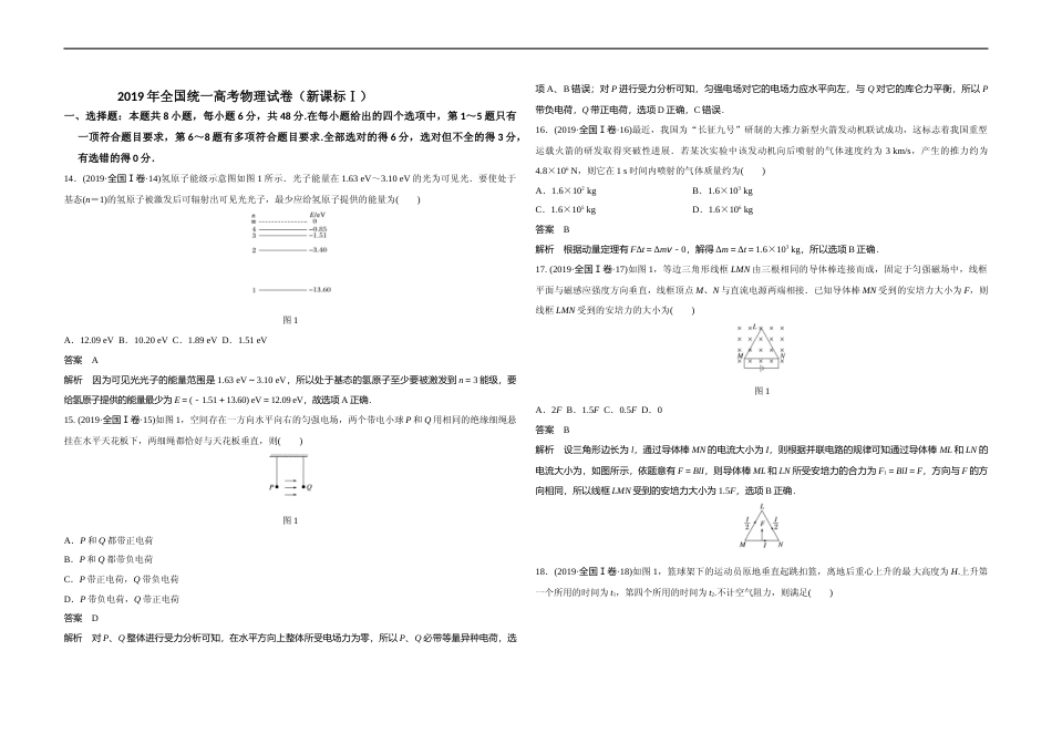 [高考真题]2019年全国统一高考物理试卷(新课标ⅰ)真题解析_第1页