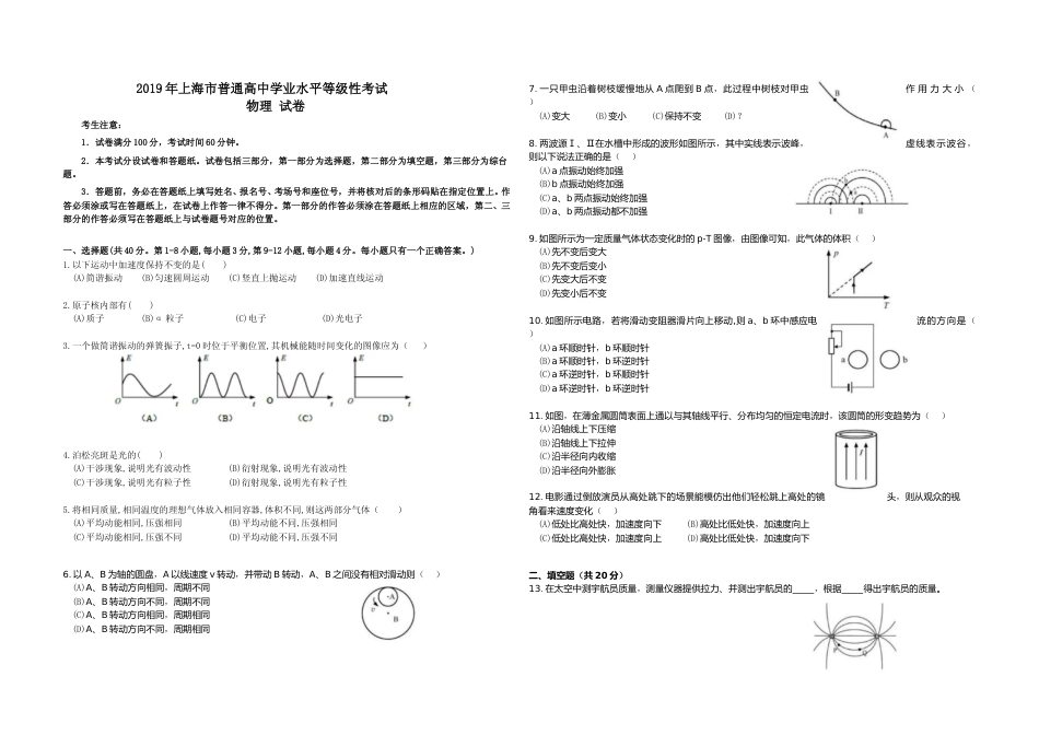 [高考真题]2019年上海市高考物理试题_第1页