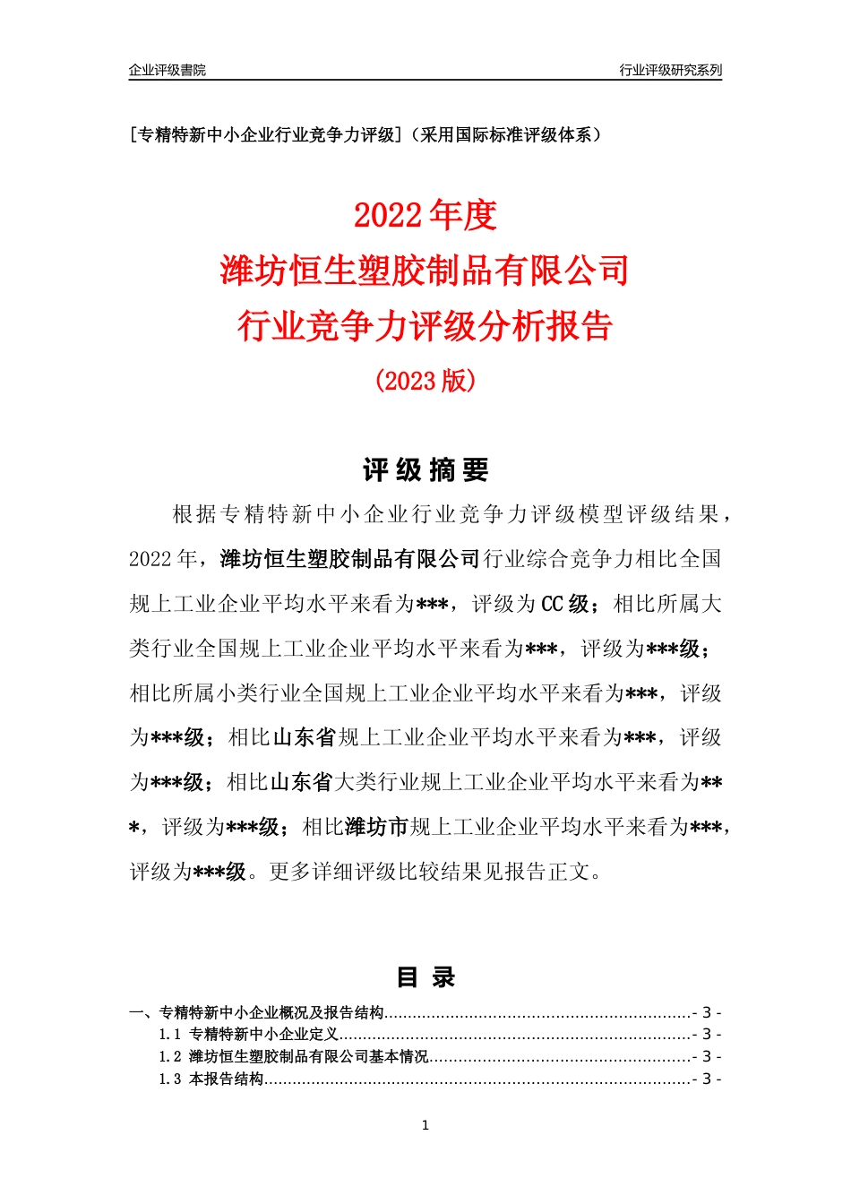 [专精特新]2022年潍坊恒生塑胶制品有限公司行业竞争力评级分析报告(2023版)_第1页