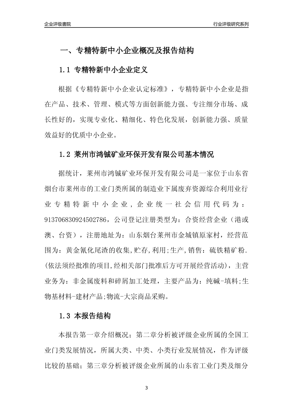 [专精特新]2022年莱州市鸿铖矿业环保开发有限公司行业竞争力评级分析报告(2023版)_第3页