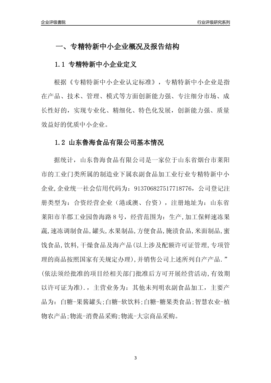 [专精特新]2022年山东鲁海食品有限公司行业竞争力评级分析报告(2023版)_第3页