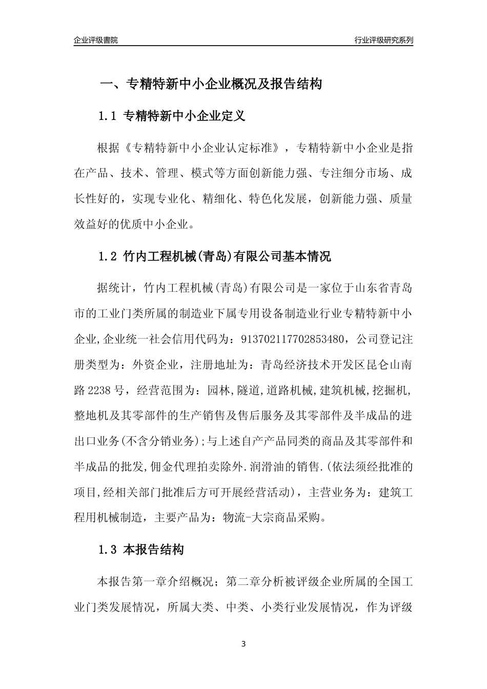 [专精特新]竹内工程机械(青岛)有限公司行业竞争力评级分析报告(2023版)_第3页