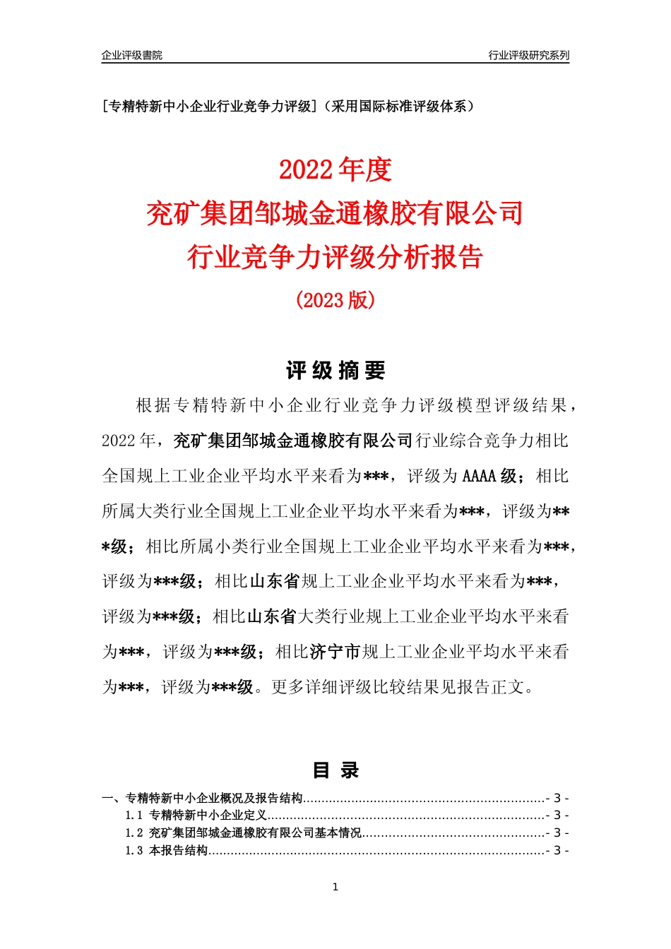 [专精特新]2022年兖矿集团邹城金通橡胶有限公司行业竞争力评级分析报告(2023版)_第1页