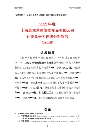 [专精特新]上海思立精密塑胶制品有限公司行业竞争力评级分析报告(2023版)